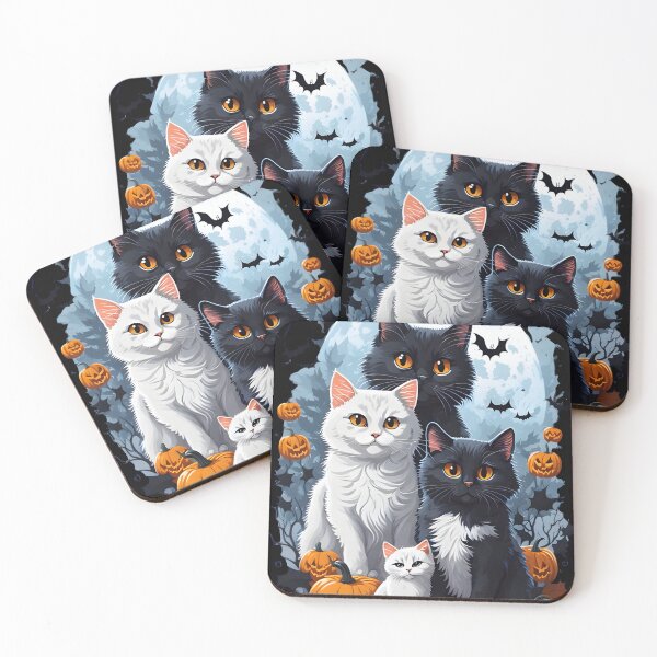 Item preview, "Harmonious Halloween: Cat Lovers Under the Big Full Moon with Black and White Couple Cats" designed and sold by ratchawoot.