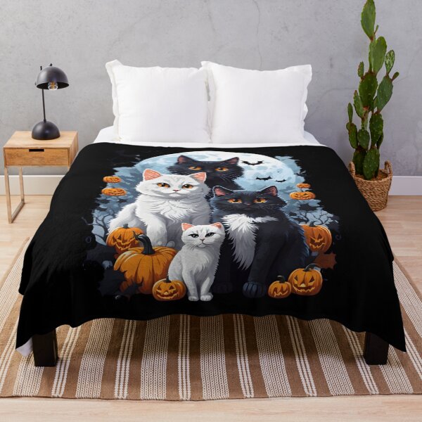 Item preview, "Harmonious Halloween: Cat Lovers Under the Big Full Moon with Black and White Couple Cats" designed and sold by ratchawoot.