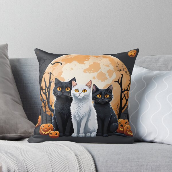 Item preview, "Harmonious Halloween: Cat Lovers Under the Big Full Moon with Black and White triple cats" designed and sold by ratchawoot.