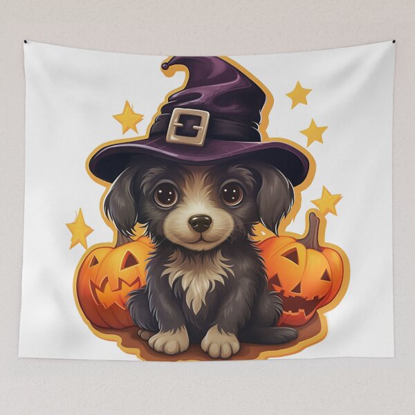Item preview, Enchanting Witch Puppy: Magical Pumpkins & Candles Sticker designed and sold by PaintbrushPlace.