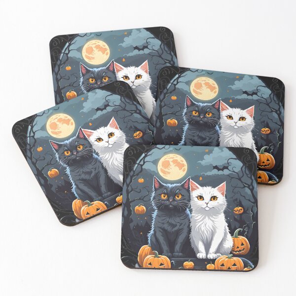 Item preview, "Harmonious Halloween: Cat Lovers Under the Big Full Moon with Black and White Couple Cats" designed and sold by ratchawoot.