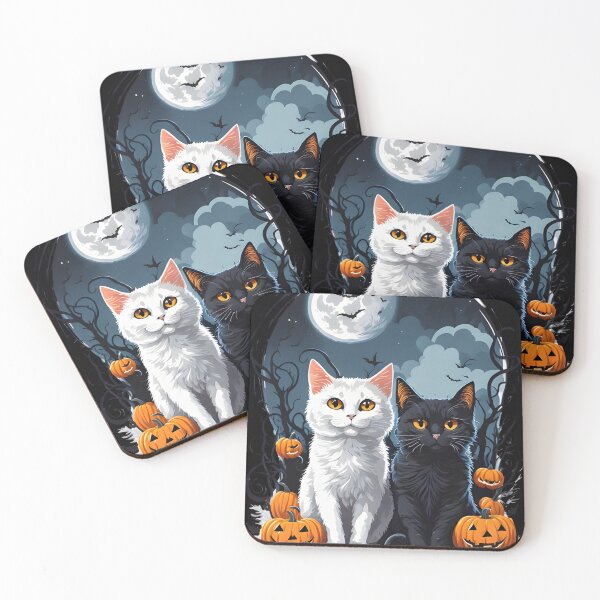 Item preview, "Harmonious Halloween: Cat Lovers Under the Big Full Moon with Black and White Couple Cats" designed and sold by ratchawoot.