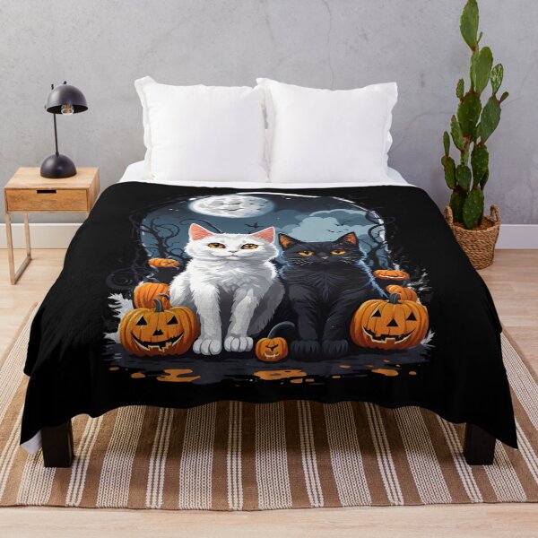 Item preview, "Harmonious Halloween: Cat Lovers Under the Big Full Moon with Black and White Couple Cats" designed and sold by ratchawoot.