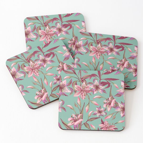 Item preview, Delicate lilies with branches and leaves on a menthol background. designed and sold by PatternsAng23.