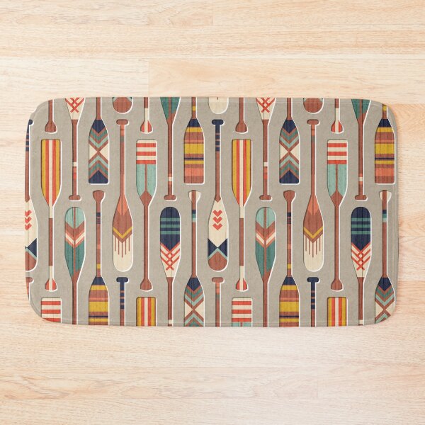 Item preview, Paddle ON // khaki textured background navy blue ivory yellow aqua green coral and red retro canoe paddle lake life vibes  designed and sold by SelmaCardoso.