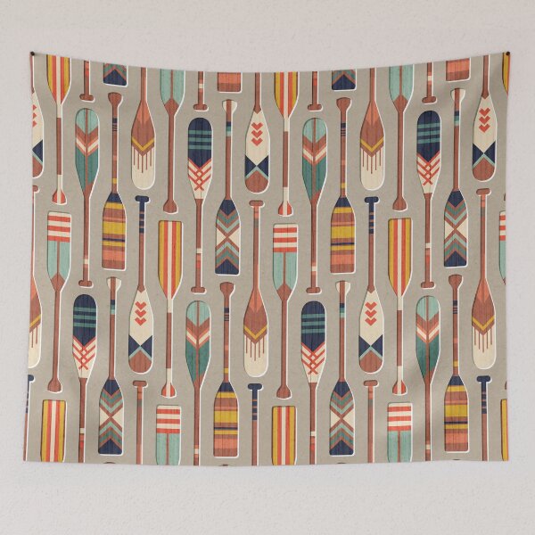Item preview, Paddle ON // khaki textured background navy blue ivory yellow aqua green coral and red retro canoe paddle lake life vibes  designed and sold by SelmaCardoso.