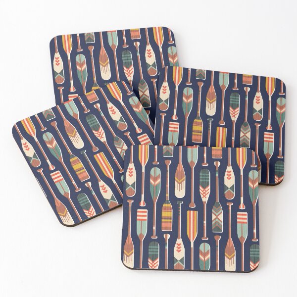 Item preview, Paddle ON // navy blue textured background navy blue ivory yellow aqua green coral and red retro canoe paddle lake life vibes  designed and sold by SelmaCardoso.
