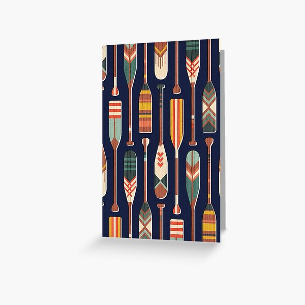 Item preview, Paddle ON // navy blue textured background navy blue ivory yellow aqua green coral and red retro canoe paddle lake life vibes  designed and sold by SelmaCardoso.