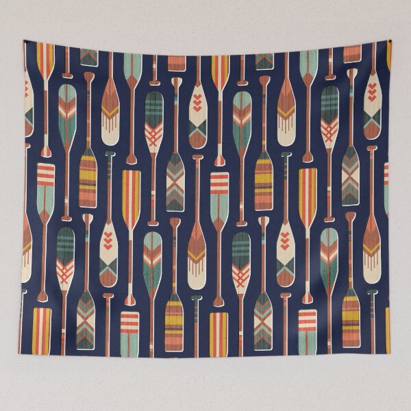 Item preview, Paddle ON // navy blue textured background navy blue ivory yellow aqua green coral and red retro canoe paddle lake life vibes  designed and sold by SelmaCardoso.
