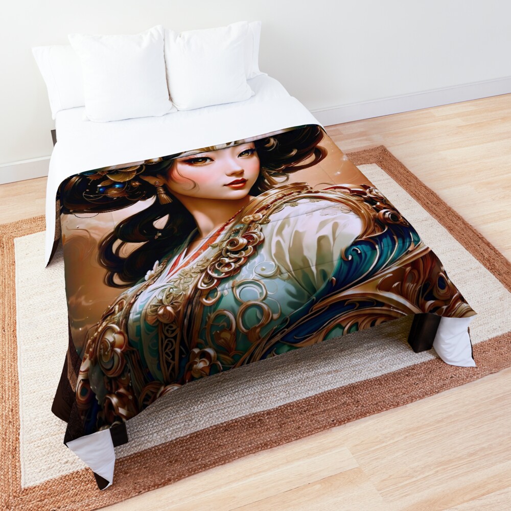 The Golden Dragon Geisha Girl Beautiful AI Concept Art Portrait by Xzendor7 Decorative Comforter