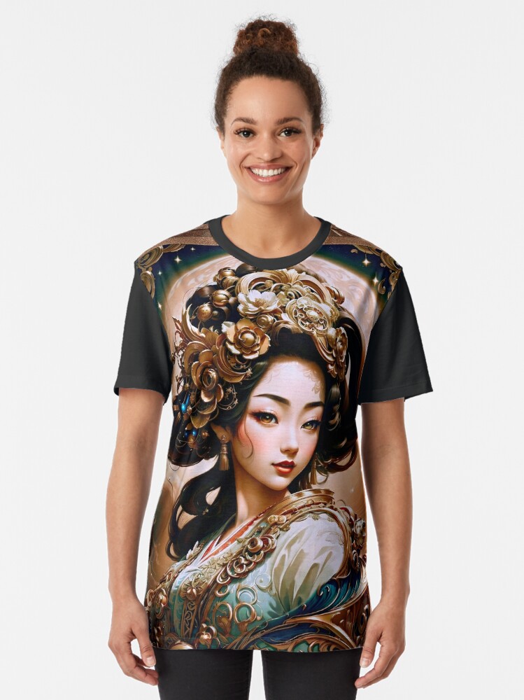 Thumbnail 2 of 5, Graphic T-Shirt, The Golden Dragon Geisha Girl Beautiful AI Concept Art Portrait by Xzendor7 designed and sold by xzendor7.