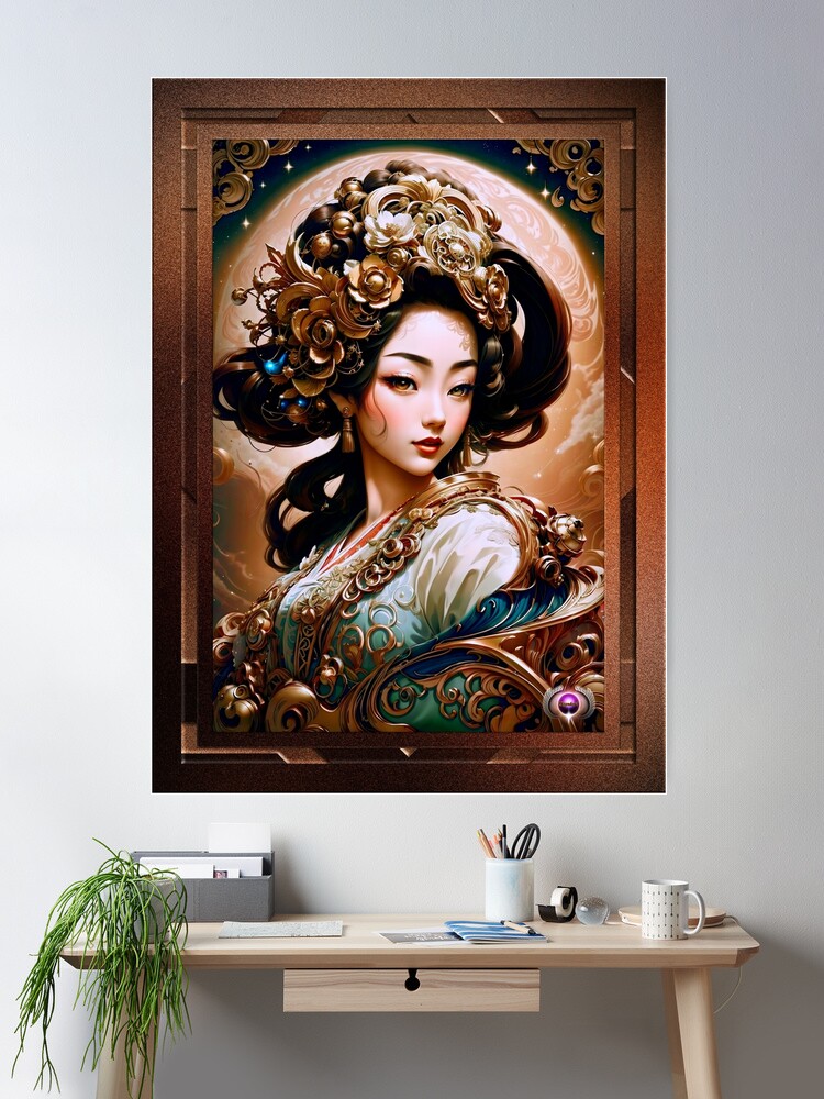 The Golden Dragon Geisha Girl Beautiful AI Concept Art Portrait by Xzendor7 Room Decor Poster
