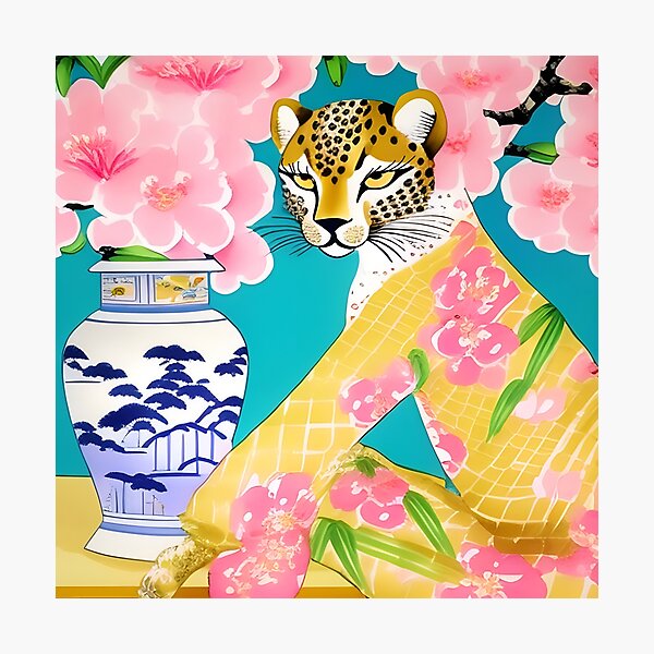 Item preview, Sassy cheetah in yellow pajamas, ginger jar, cherry blossom designed and sold by SophieClimaArt.