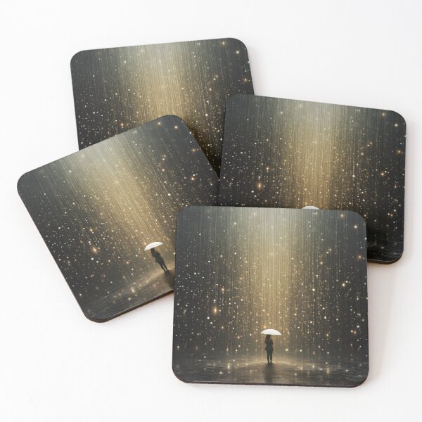 Item preview, A girl holding an umbrella in the rain under golden stars designed and sold by AI-Only Creations.