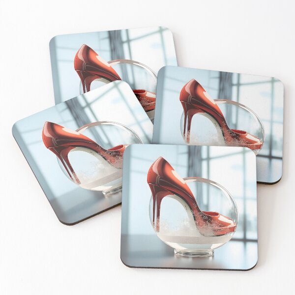 Artikelvorschau, Kunstvolle rote High Heels in einer Glasschale im Stil fotorealistischer Gemälde entworfen und verkauft von AI-Only Creations.