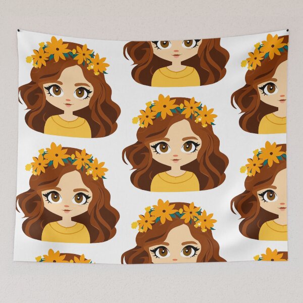 Item preview, A young woman with long, curly, golden-brown hair wears a wildflower crown. designed and sold by Lucky-jl.