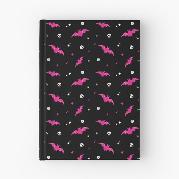 Aperçu de l'œuvre Motif de chauves-souris et de crânes rose vif - fond noir créée et vendue par ColorAndVerse.