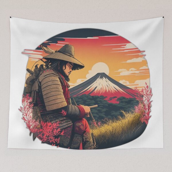 Item preview, Samurai Watching Retro Sunset near Mountain Fuji designed and sold by Ridiculam Toga.