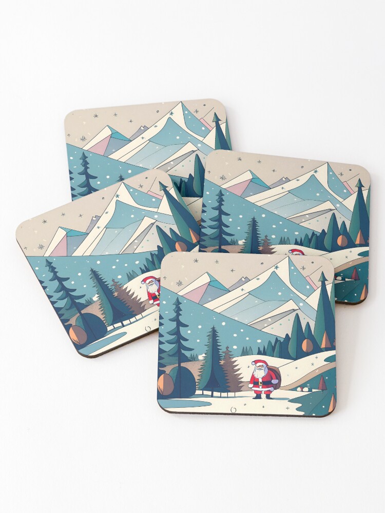 Thumbnail 1 of 5, Coasters (Set of 4), Christmas Santa in Winter Landscape Drawing designed and sold by Patricks-Art.