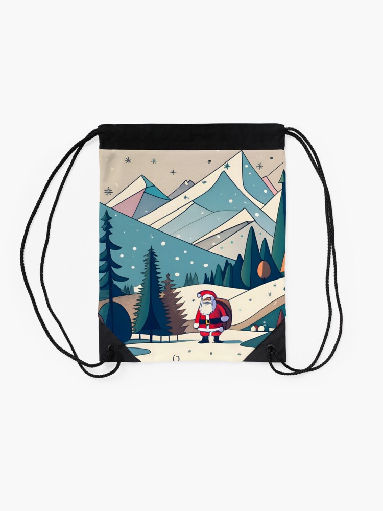 Thumbnail 2 of 3, Drawstring Bag, Christmas Santa in Winter Landscape Drawing designed and sold by Patricks-Art.