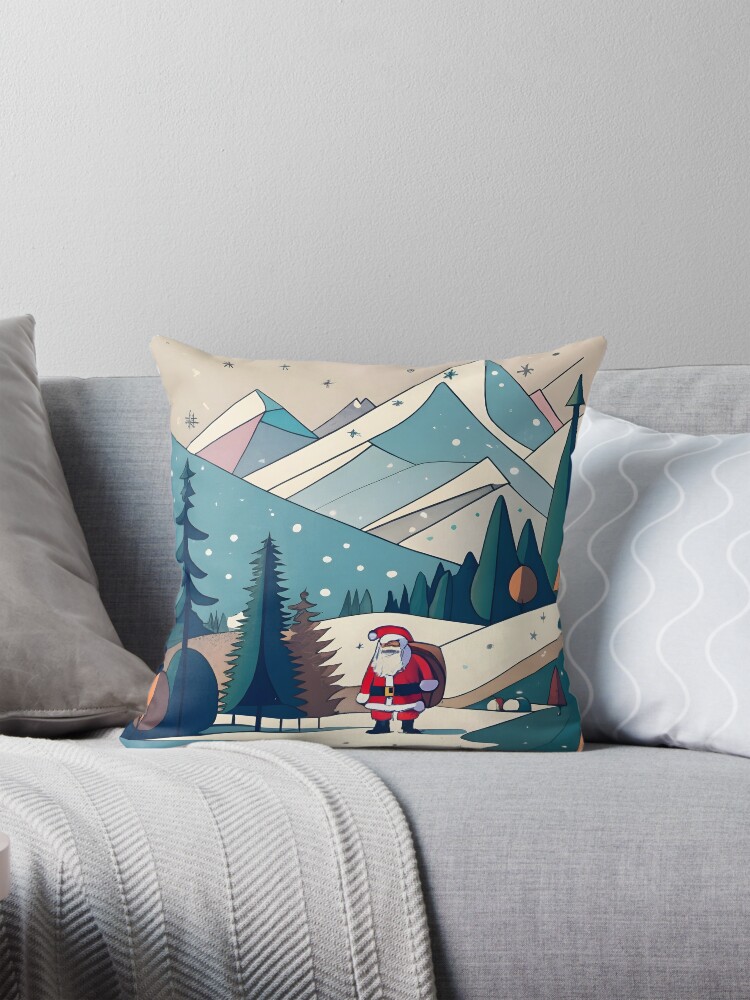 Thumbnail 1 of 4, Pillow, Christmas Santa in Winter Landscape Drawing designed and sold by Patricks-Art.