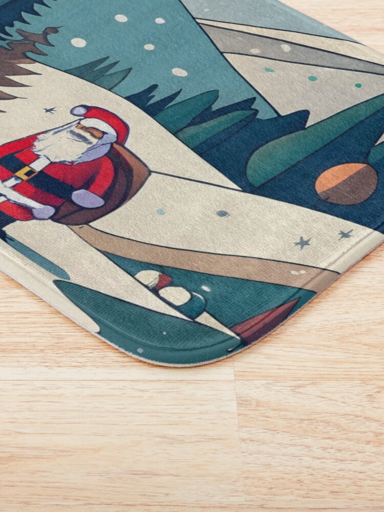 Thumbnail 3 of 6, Bath Mat, Christmas Santa in Winter Landscape Drawing designed and sold by Patricks-Art.