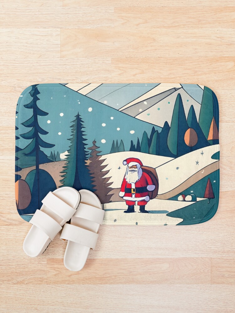Thumbnail 1 of 6, Bath Mat, Christmas Santa in Winter Landscape Drawing designed and sold by Patricks-Art.