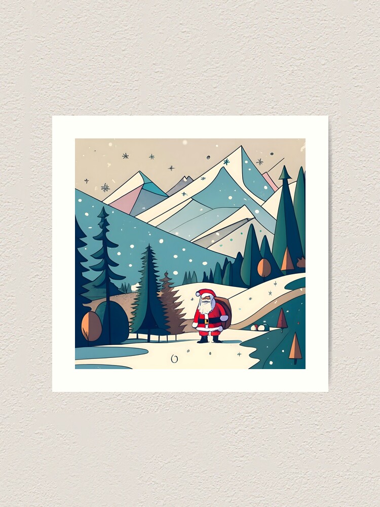 Thumbnail 1 of 3, Art Print, Christmas Santa in Winter Landscape Drawing designed and sold by Patricks-Art.