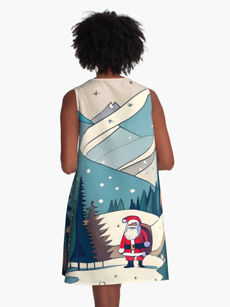 Thumbnail 3 of 4, A-Line Dress, Christmas Santa in Winter Landscape Drawing designed and sold by Patricks-Art.