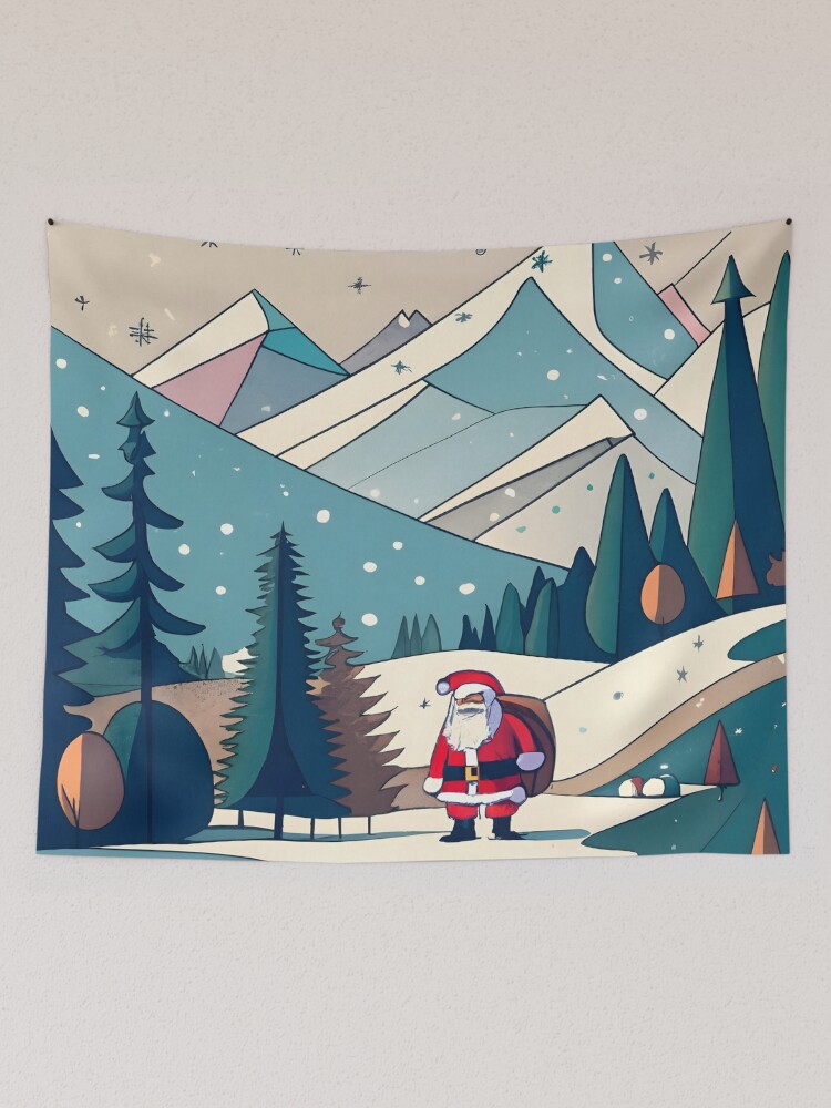 Thumbnail 2 of 3, Tapestry, Christmas Santa in Winter Landscape Drawing designed and sold by Patricks-Art.