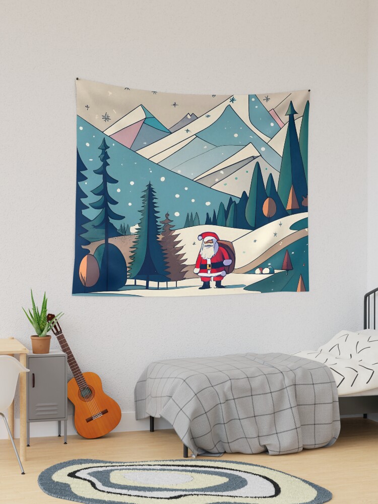 Thumbnail 1 of 3, Tapestry, Christmas Santa in Winter Landscape Drawing designed and sold by Patricks-Art.