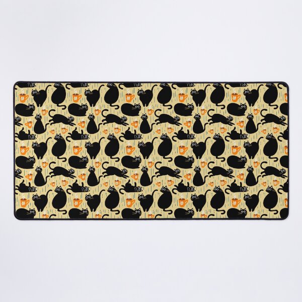 Item preview, black cats and coffee mus on yellow | repeat pattern designed and sold by colorofmagic.