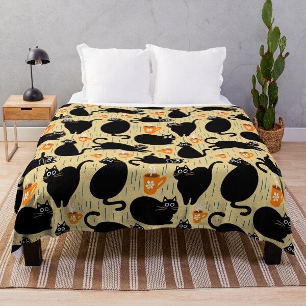 Item preview, black cats and coffee mus on yellow | repeat pattern designed and sold by colorofmagic.