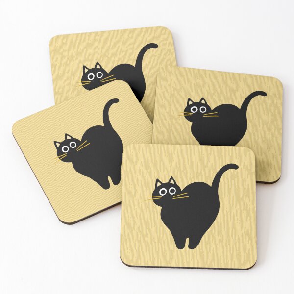 Item preview, black cats and coffee mus on yellow | repeat pattern designed and sold by colorofmagic.