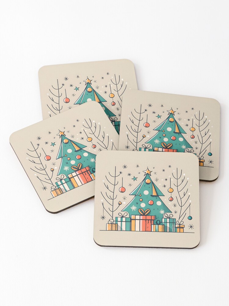 Thumbnail 1 of 5, Coasters (Set of 4), Christmas Tree with Presents Drawing designed and sold by Patricks-Art.