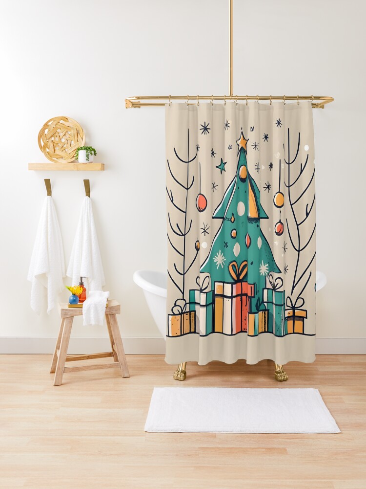 Thumbnail 1 of 5, Shower Curtain, Christmas Tree with Presents Drawing designed and sold by Patricks-Art.