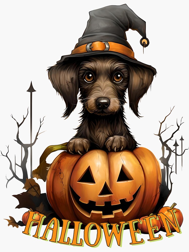 Trick or Treat Unusual Halloween Puppy Cute Dog Poses with Pumpkin Sticker  for Sale by HealthyHappyYou