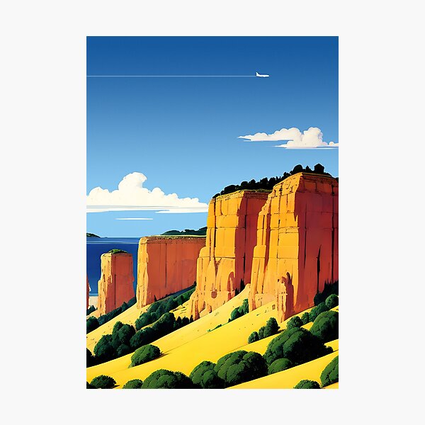 Japan, mountains and rocks on the sea — City Pop art, anime landscape Photographic Print