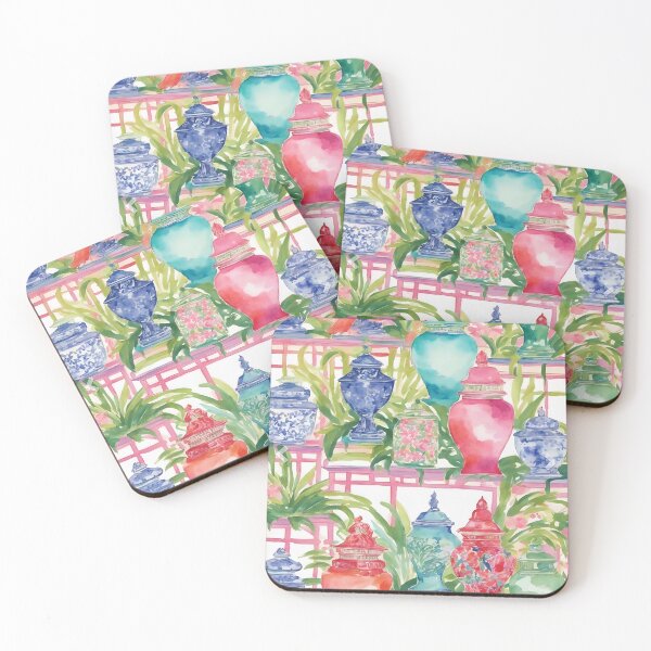 Item preview, Chinoiserie jars on bamboo shelf watercolor designed and sold by SophieClimaArt.