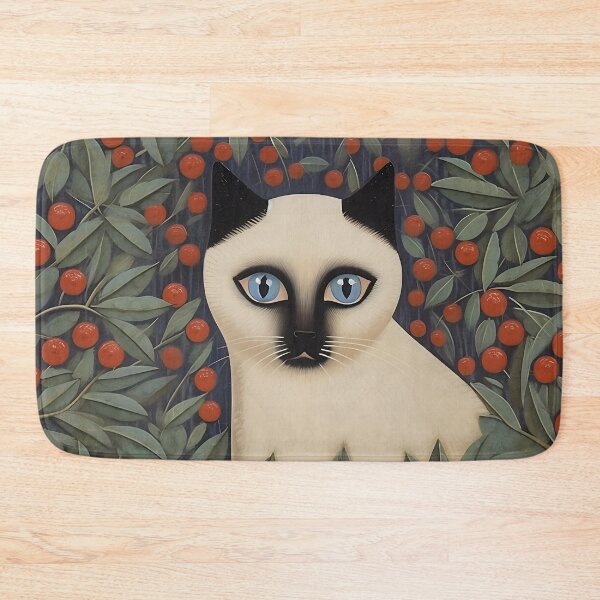 Item preview, Cute Siam Cat with blue Eyes, surrounded by Red Berries designed and sold by Hibiskusmond.