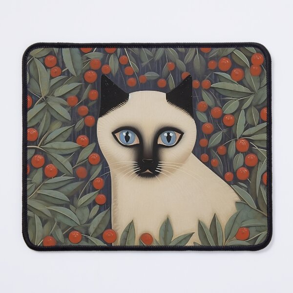 Item preview, Cute Siam Cat with blue Eyes, surrounded by Red Berries designed and sold by Hibiskusmond.