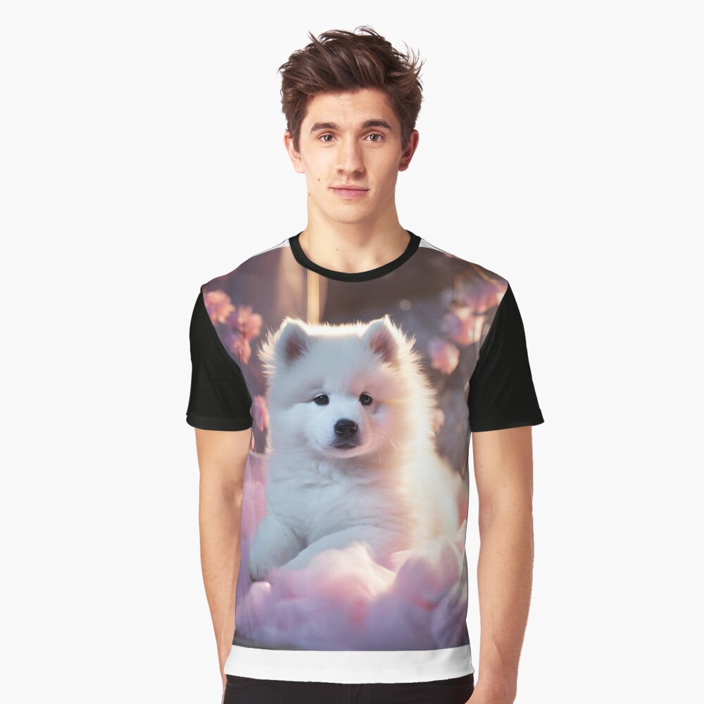 White elegant and impressive samoyed Akita Inu puppy on a