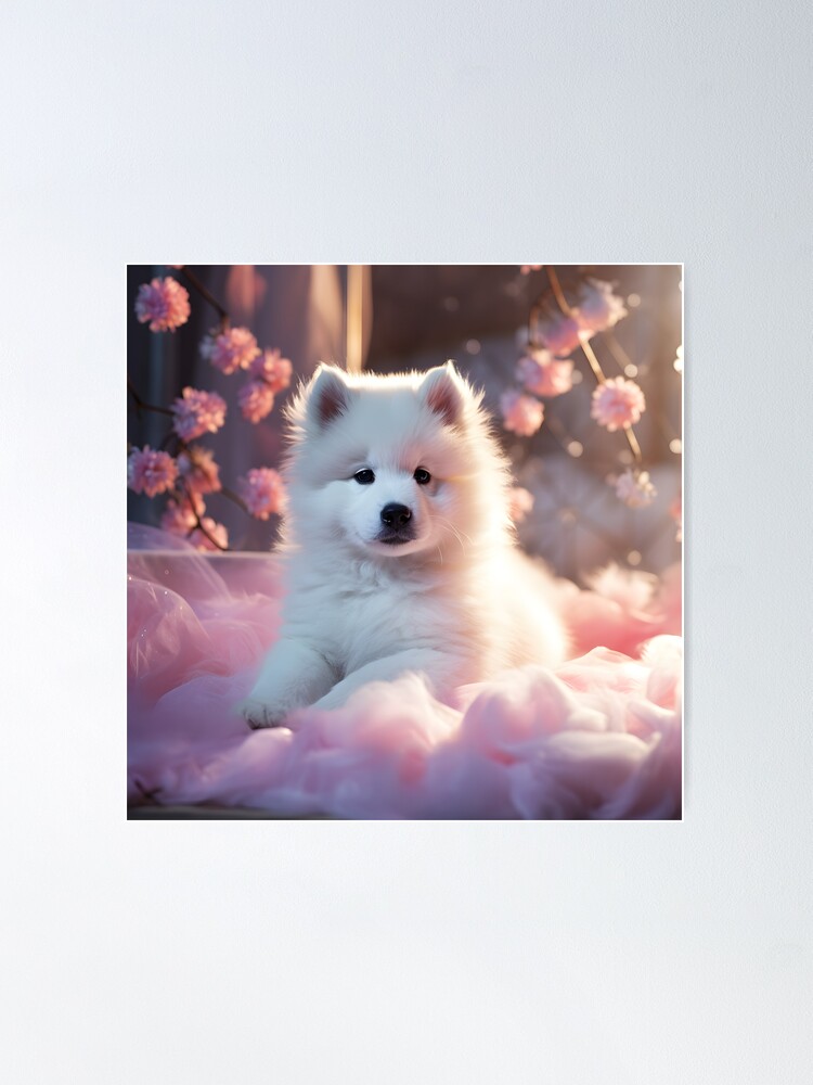 White elegant and impressive samoyed Akita Inu puppy on a pink blanket in a  dreamlike atmosphere made of pink flowers | Poster