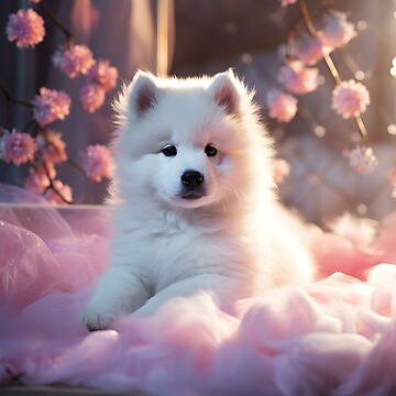 White elegant and impressive samoyed Akita Inu puppy on a pink