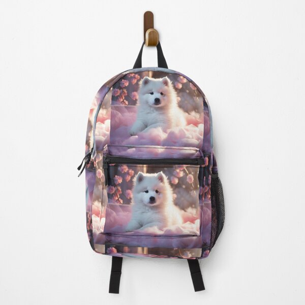 Item preview, White elegant and impressive samoyed Akita Inu puppy on a pink blanket in a dreamlike atmosphere made of pink flowers designed and sold by AI-Only Creations.