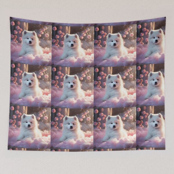 Item preview, White elegant and impressive samoyed Akita Inu puppy on a pink blanket in a dreamlike atmosphere made of pink flowers designed and sold by AI-Only Creations.