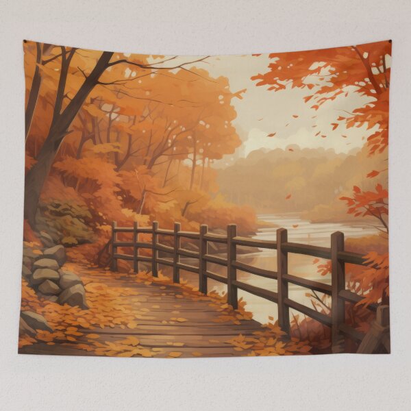 Item preview, Mountain Landscapes with Autumn Leaves, River, and Wooden Bridge designed and sold by Zoomie-s.