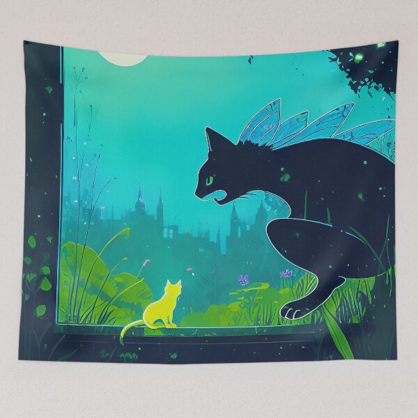 Item preview, Whimsical cats illustration with dragonfly wings and cat spirit designed and sold by depthsofthemind.