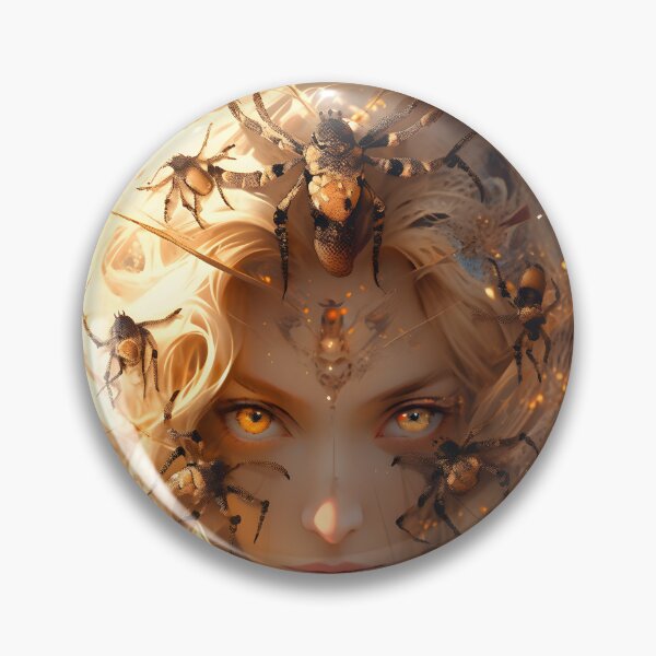 Item preview, An illustration showing a woman with golden eyes and spiders on her head in the style of scary anime art  designed and sold by AI-Only Creations.