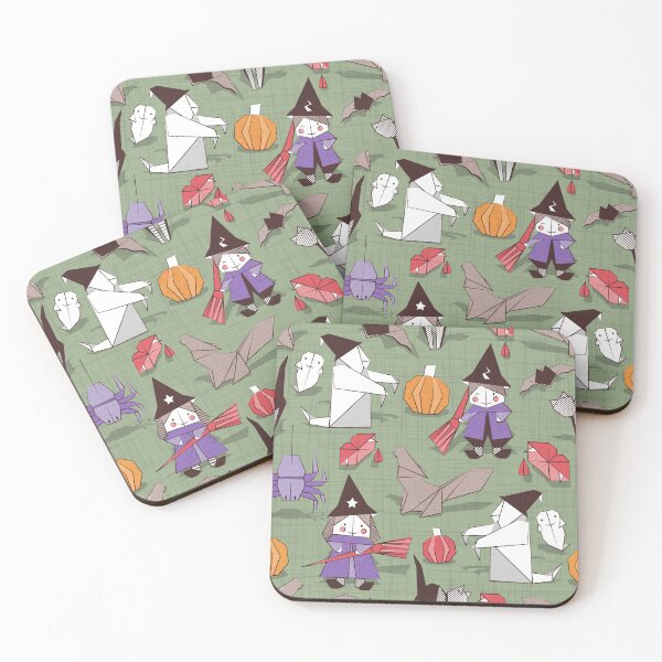 Item preview, Halloween origami tricks // green linen texture background white and coloured paper and cardboard geometric elements designed and sold by SelmaCardoso.
